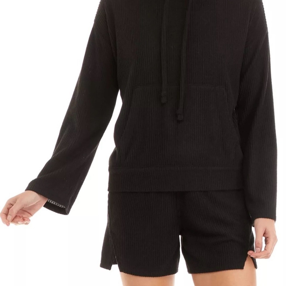 ZELOS Womens Black Ribbed Hoodie Pullover Casual Loungewear Top‎ Size Large